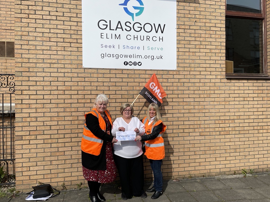 Glasgow South East Foodbank:  Shona Thomson, GMB Scotland Branch Secretary,  Frances Stojilkovic, GMB Scotland Rep,  Audrey Flannagan, Foodbank Manager